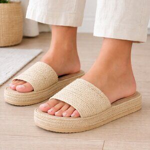Neutral Raffia Platform Slides Sandals Espadrille Summer Minimalist Resort 9